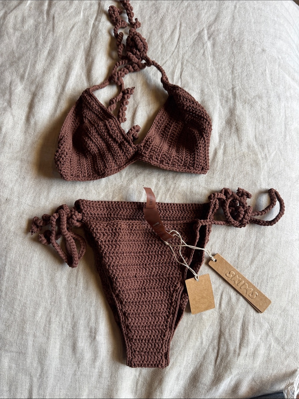 SKIMS Brown Crochet Bikini set. Crochet stretch fabric.